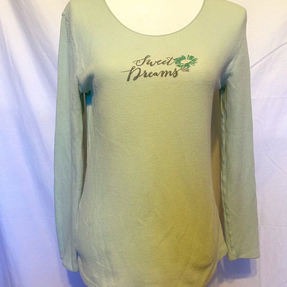 HUE "Sweet Dreams" 60%Cotton Teal Night Shirt/Tee Long Sleeves Pajama Top ~ Sz.S